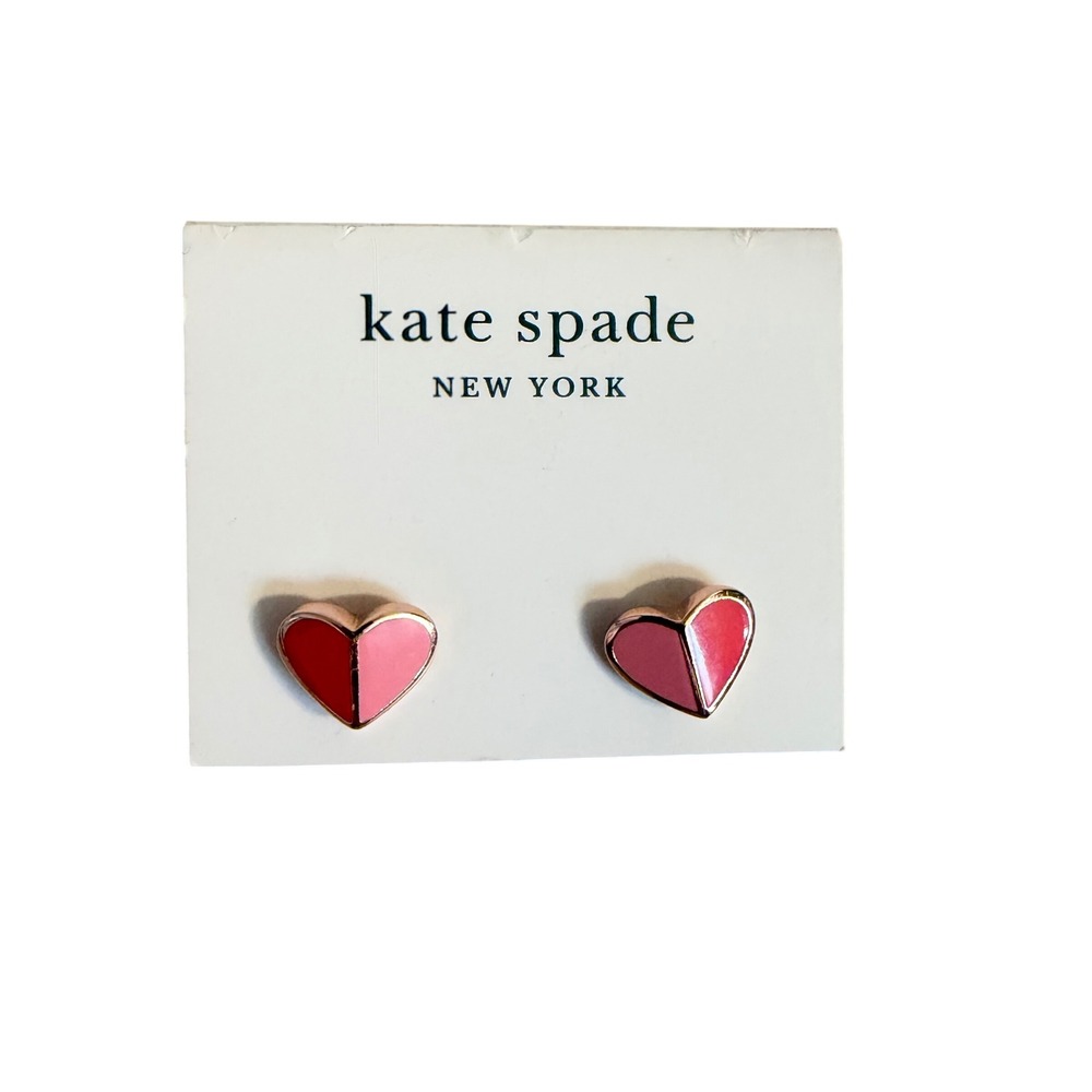 Kate Spade New York Two Tone Enamel Heart Stud Earrings Red Pink Rose Gold Tone